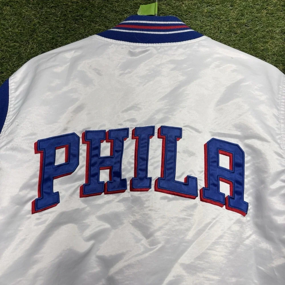Philadelphia 76ers Sixers Satin Starter Jacket Mens Large Snap Close White